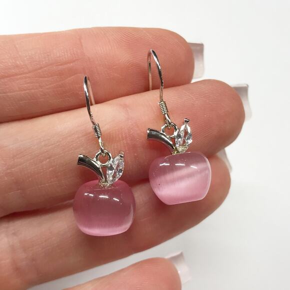 Cute 925 Sterling Silver Pink Cats Eye Apple Drop Dangle Earrings Teacher Gift - Picture 6 of 10